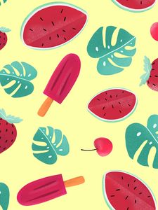 Preview wallpaper ice cream, watermelon, strawberry, leaves, patterns