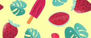 Preview wallpaper ice cream, watermelon, strawberry, leaves, patterns