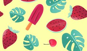 Preview wallpaper ice cream, watermelon, strawberry, leaves, patterns