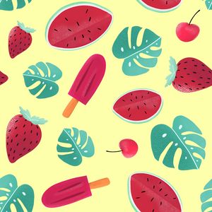 Preview wallpaper ice cream, watermelon, strawberry, leaves, patterns