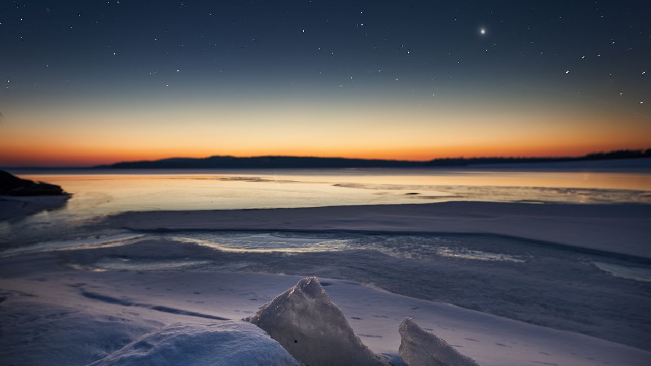 Wallpaper ice, floe, sunset, sky, starry sky