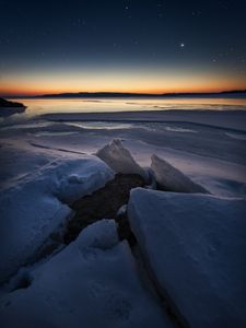 Preview wallpaper ice, floe, sunset, sky, starry sky