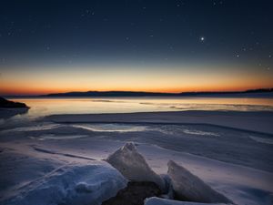 Preview wallpaper ice, floe, sunset, sky, starry sky