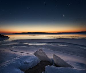 Preview wallpaper ice, floe, sunset, sky, starry sky