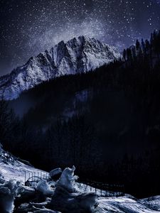 Preview wallpaper ice, mountain, snow, forest, night, winter