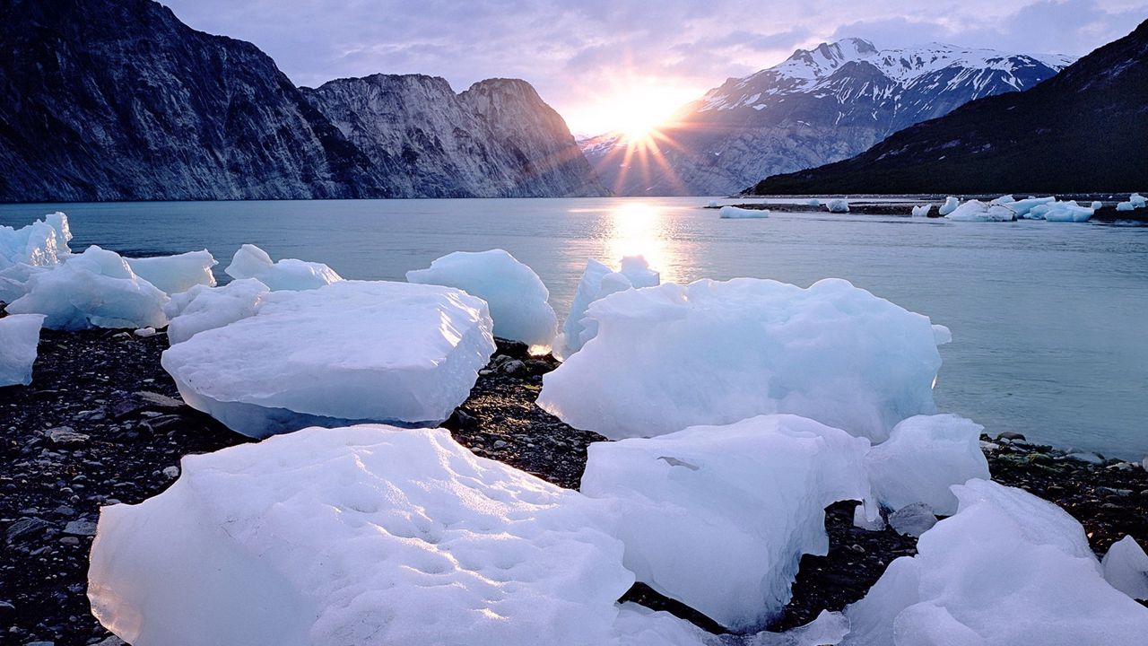 Wallpaper ice, pieces, blocks, coast, sun, mountains, horizon