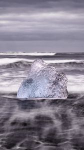 Preview wallpaper ice, rock, sea, waves, clouds