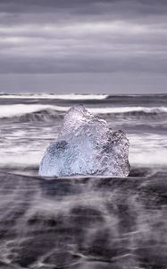 Preview wallpaper ice, rock, sea, waves, clouds