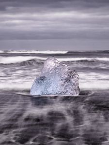 Preview wallpaper ice, rock, sea, waves, clouds