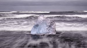 Preview wallpaper ice, rock, sea, waves, clouds