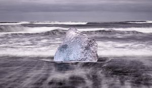 Preview wallpaper ice, rock, sea, waves, clouds