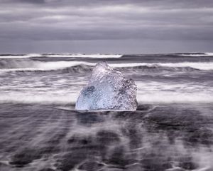 Preview wallpaper ice, rock, sea, waves, clouds