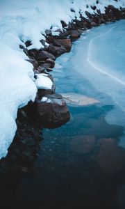 Preview wallpaper ice, snow, stones, shore, frozen