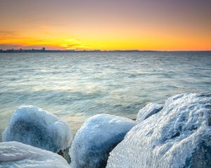 Preview wallpaper ice, stones, frozen, coast, winter