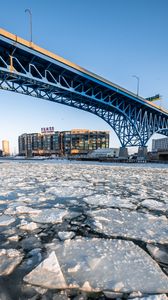 Preview wallpaper ice, water, cranny, bridge, building, winter