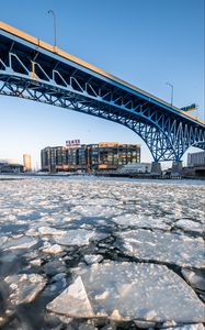 Preview wallpaper ice, water, cranny, bridge, building, winter