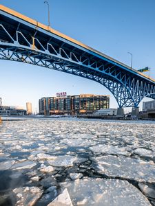 Preview wallpaper ice, water, cranny, bridge, building, winter