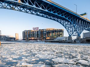 Preview wallpaper ice, water, cranny, bridge, building, winter