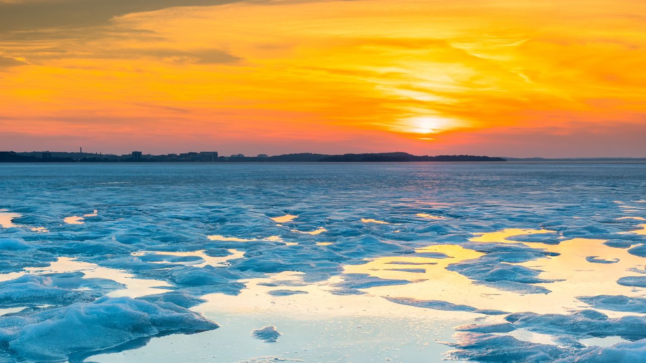 Wallpaper ice, water, sunset, winter, horizon, nature