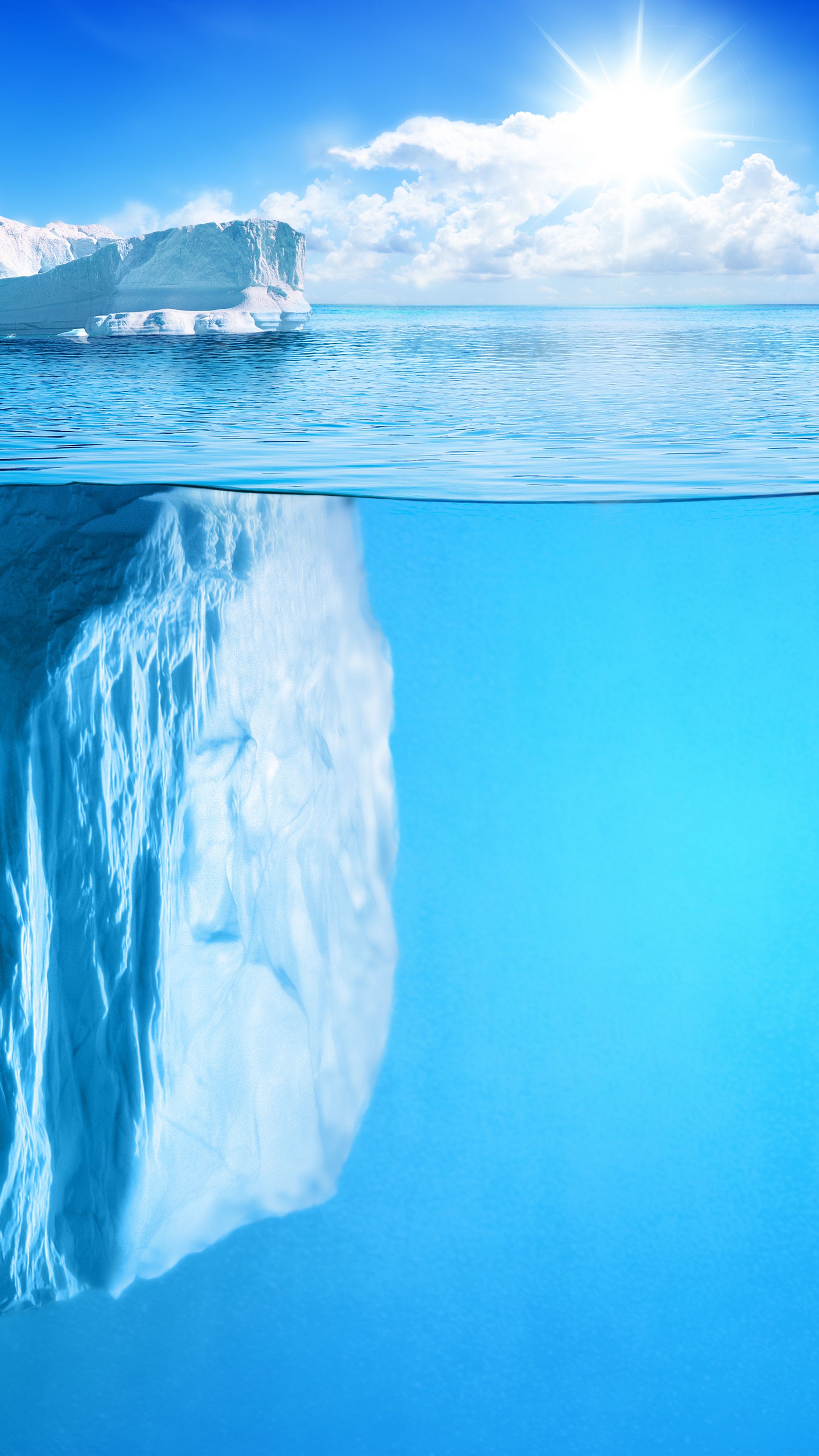 Download wallpaper 2160x3840 iceberg, horizon, under water, sun, rays ...