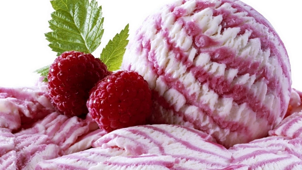 Wallpaper ice-cream, ball, raspberry, strips, leaf