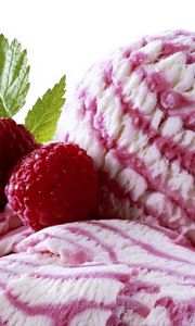 Preview wallpaper ice-cream, ball, raspberry, strips, leaf
