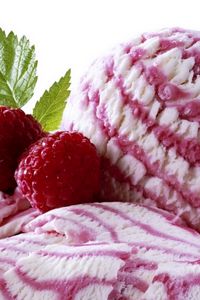 Preview wallpaper ice-cream, ball, raspberry, strips, leaf