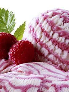 Preview wallpaper ice-cream, ball, raspberry, strips, leaf