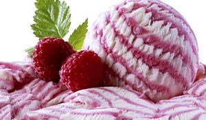 Preview wallpaper ice-cream, ball, raspberry, strips, leaf