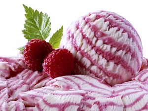 Preview wallpaper ice-cream, ball, raspberry, strips, leaf