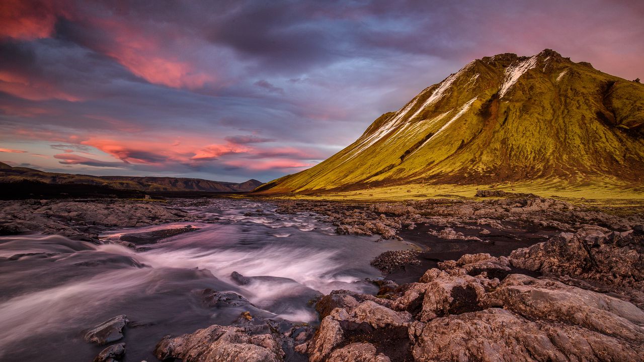Wallpaper iceland, mountains, river, stones, flow