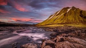Preview wallpaper iceland, mountains, river, stones, flow
