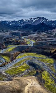 Preview wallpaper iceland, mountains, river, nature, green, blue, landscape