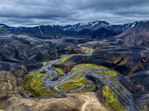 Preview wallpaper iceland, mountains, river, nature, green, blue, landscape