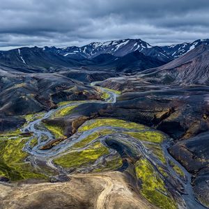 Preview wallpaper iceland, mountains, river, nature, green, blue, landscape