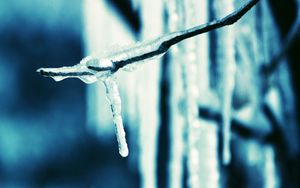 Preview wallpaper icicle, branch, ice, spring, dark blue