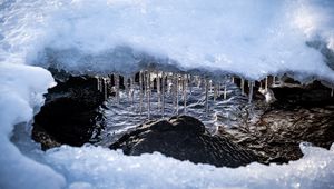 Preview wallpaper icicles, ice, stones, water