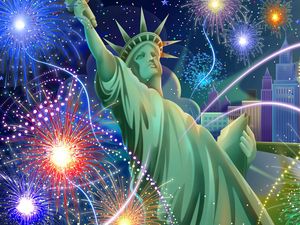 Preview wallpaper independence day, california, statue of liberty, fireworks