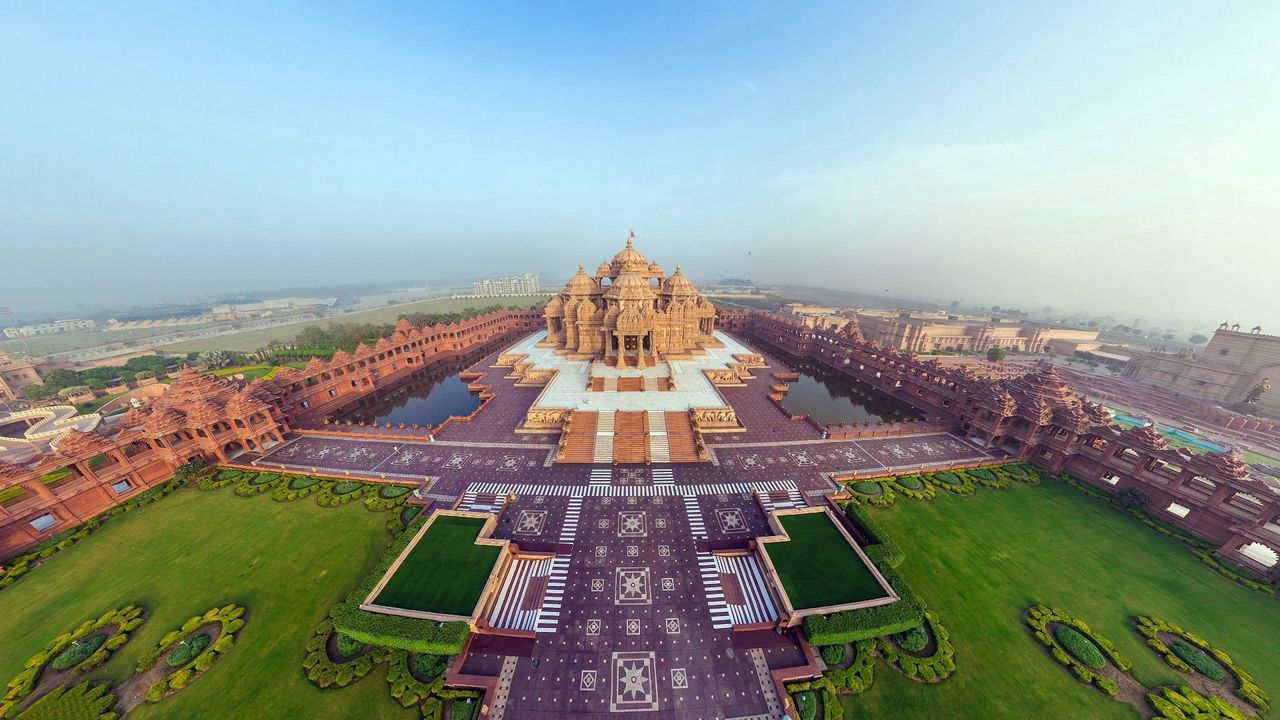 Wallpaper india, akshardham temple, beautiful, top view, panorama