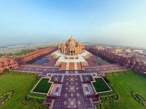 Preview wallpaper india, akshardham temple, beautiful, top view, panorama