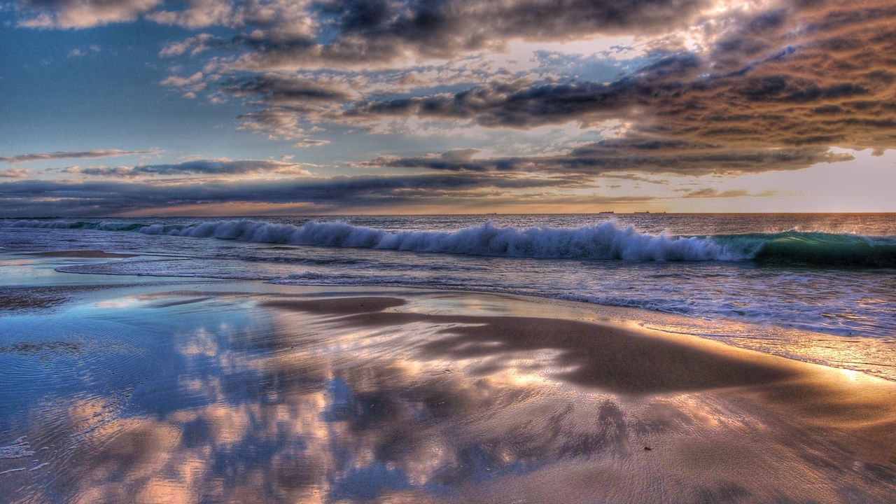 Wallpaper indian ocean, water, waves, beach, clouds, sunset
