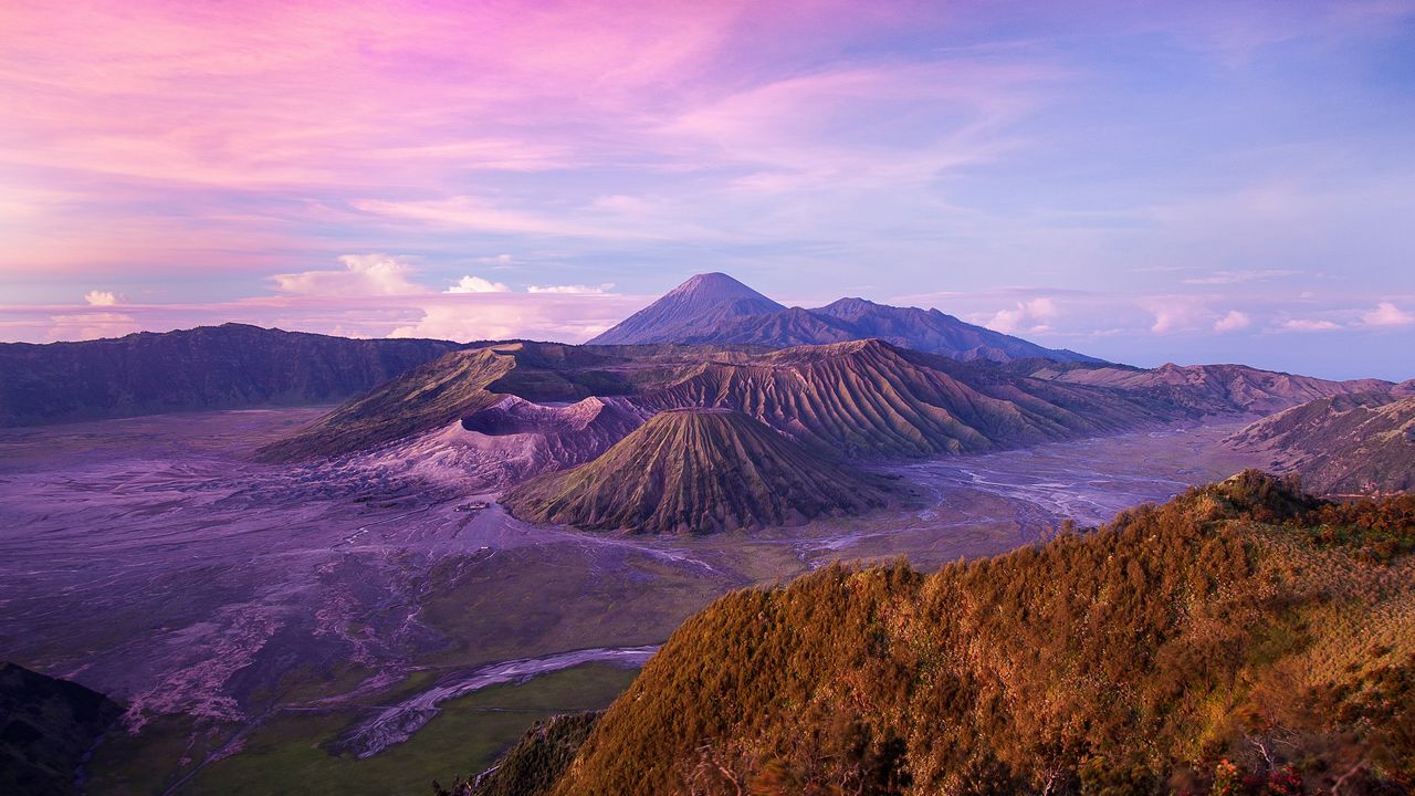 Wallpaper indonesia, island, java, volcano bromo, hills, altitude, blue, pink, sky, clouds