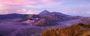 Preview wallpaper indonesia, island, java, volcano bromo, hills, altitude, blue, pink, sky, clouds
