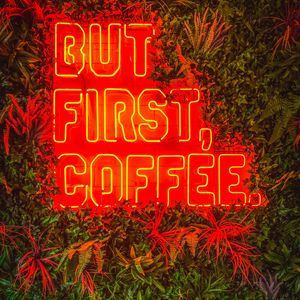 Preview wallpaper inscription, neon, coffee, plants