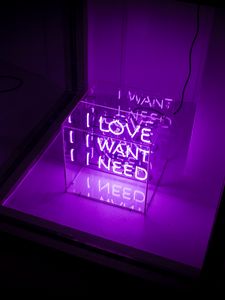 Preview wallpaper inscription, neon, cube, glow, purple