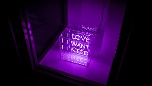 Preview wallpaper inscription, neon, cube, glow, purple