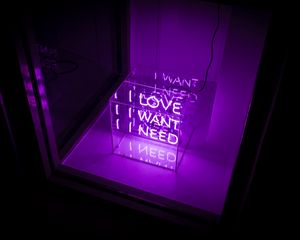 Preview wallpaper inscription, neon, cube, glow, purple