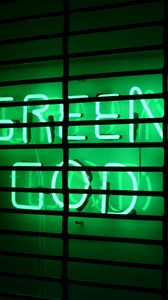 Preview wallpaper inscription, neon, green, lattice, wall