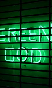Preview wallpaper inscription, neon, green, lattice, wall