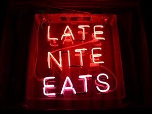 Preview wallpaper inscription, neon, lights, letters, text, late, nite, eats